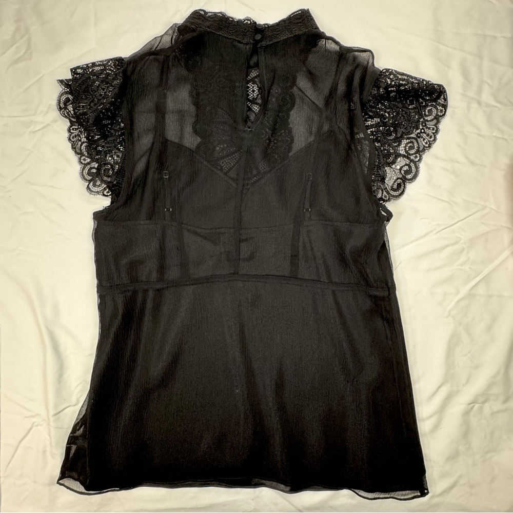SOLD Black Sheer Silk Short Sleeve Blouse Lace Trim The Limited, Large, Camisole - Picture 8 of 16